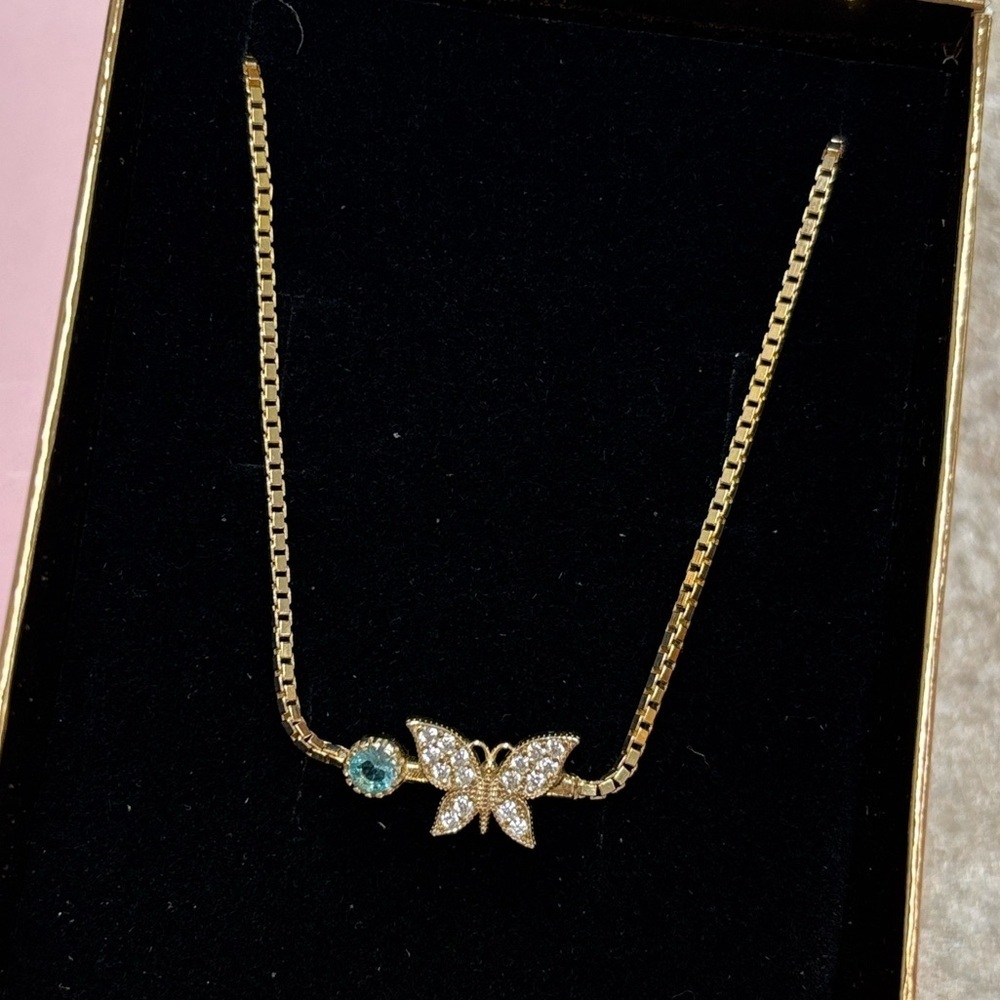 Brand New 925 Sterling Silver Butterfly March Birthstone Aquamarine Bracelet